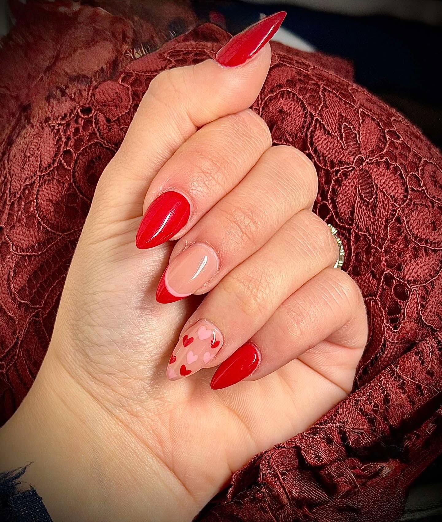 Red and Nude Stiletto Nails with Heart Nail Art