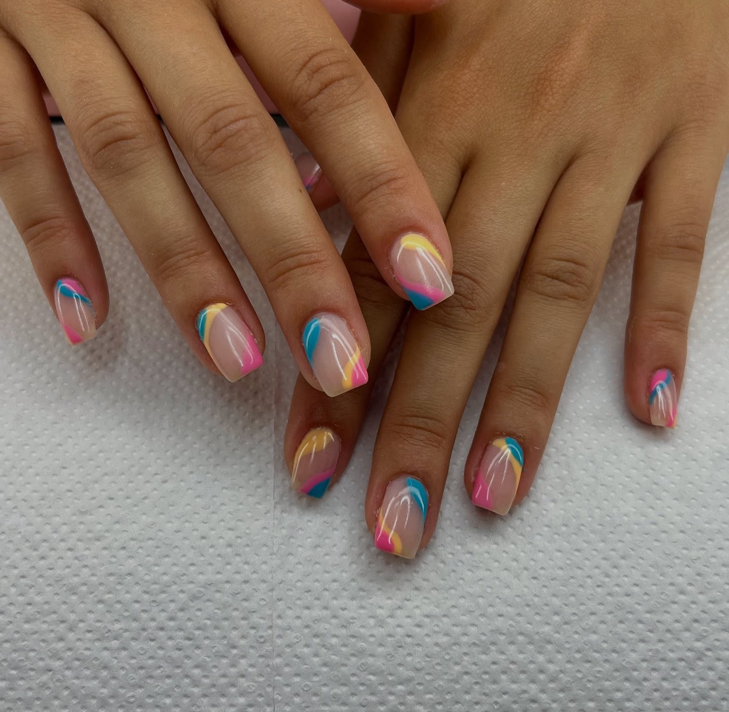 Playful Multicolored Pastel Swirl French Tip Nails